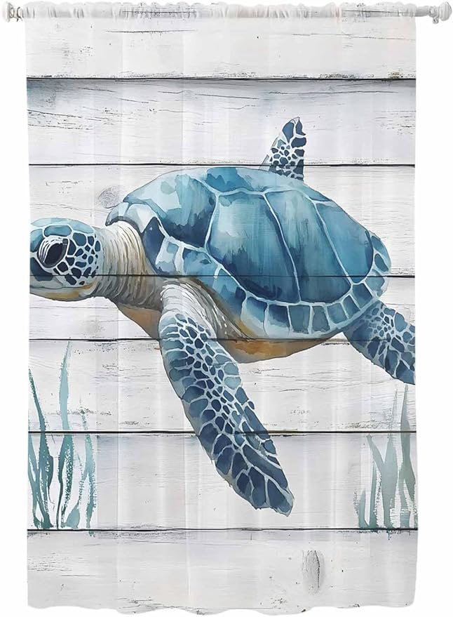 Sheer Curtains 72 Inches Long, Sea Turtle Blue Semi Sheer Curtains Light Filtering Window Treatment, Coastal Ocean Seaweed Wood Grain Privacy Voile Drapes for Living Room Bedroom 52x72 Inch