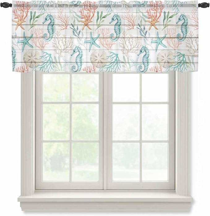 Teal Seahorse Starfish Sheer Valance Curtains, Summer Beach Coral Shell Board Light Filtering Kitchen Valances Rod Pocket Voile Curtain Window Treatment for Bedroom/Living Room/Basement 54Wx18L