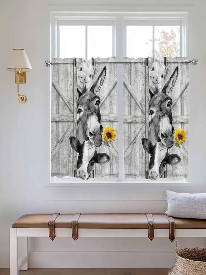 Grey Farmhouse Tier Curtains 45 Inches Long, Vintage Sunflowers Animals Printed Window Treatment Curtain Drapes, Small Curtain Drapes for Bathroom Laundry Room, 27.5"x45", 2 Panels