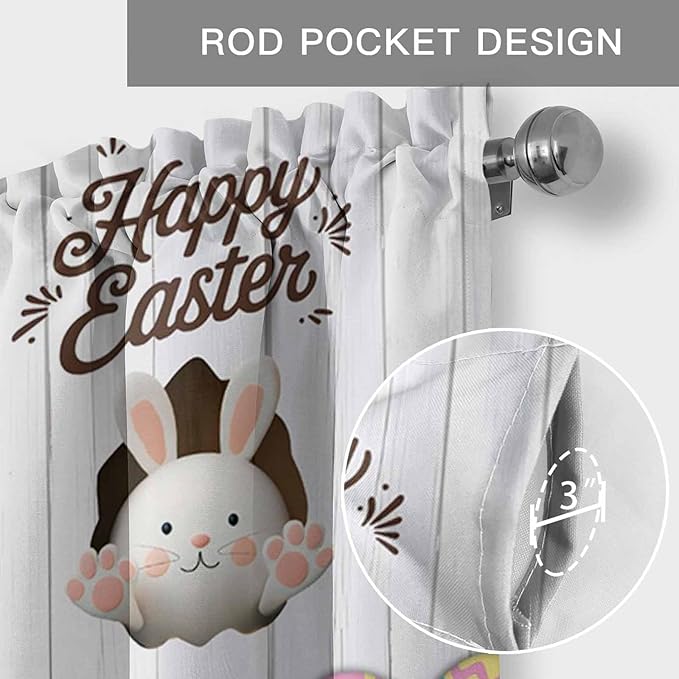 Grey Easter Curtain Valances for Windows, Kitchen Valance Window Treatment, Spring Cartoon Bunny Colorful Eggs Wood Grain Light Filtering Block Curtains for Bathroom/Bedroom/Living Room 42'' x 12''
