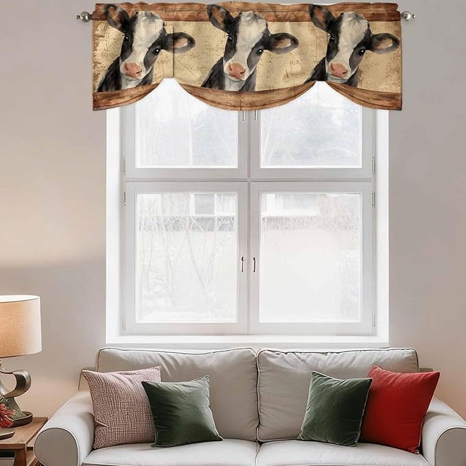 Farmhouse Cow Tie Up Valance Curtains for Windows, Kitchen Curtains Window Shades, Country Vintage Animals Wooden Grain Light Filtering Roman Curtain Valances for Bedroom/Bathroom/Cafe 42"x18"