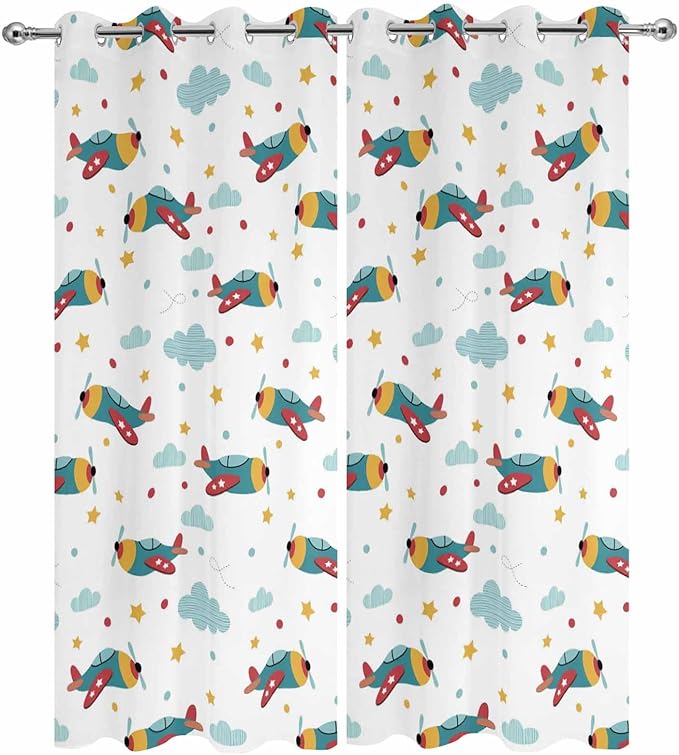 Turquoise Airplane Waterproof Outdoor Curtains for Patio,Windproof Weatherproof Curtains with Weighted Hem,Modern Art Cartoon Aircraft Clouds Light Filtering Privacy Porch Drapes 54"x 108" 2 Panels