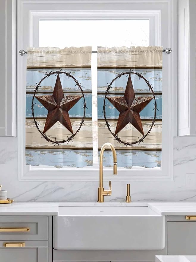 Vintage Western Star on Wood Grain Window Valance Curtains, Retro Wooden Texture Light Filtering Kitchen Valance with 3-inch Rod Pocket for Living Room Bathroom Bedroom,2 Panel,42x45In