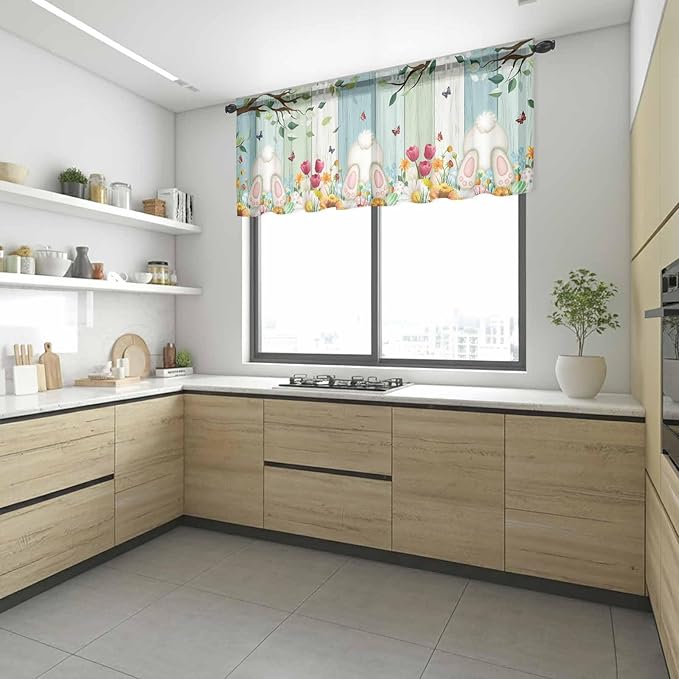 Easter Sheer Valances for Windows 42"x12", Light Filtering Kitchen Curtains Valance, Spring Watercolor Eggs Country Tulip Wooden Grain Rod Pocket Chiffon Curtains for Living Room Bedroom Cafe