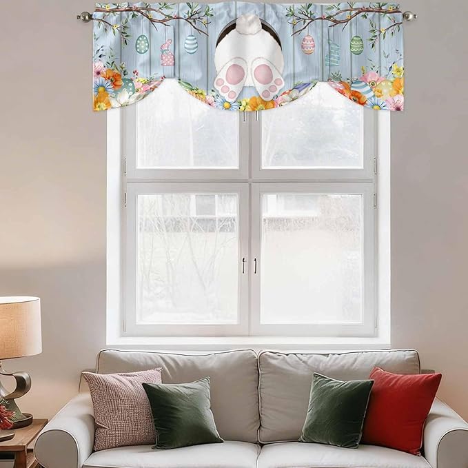 Easter Tie Up Valance Curtains for Windows, Kitchen Curtains Window Shades, Spring Watercolor Bunny Eggs Flower Wood Grain Blue Light Filtering Roman Curtain Valances for Bedroom/Bathroom/Cafe 60"x18"