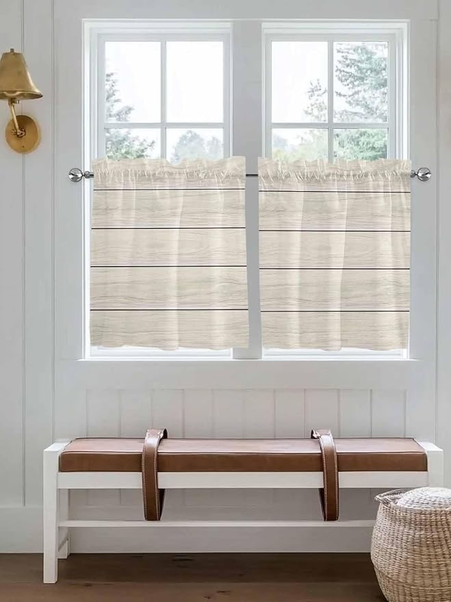 Vintage Country Wooden Board Window Valance Curtains, Gradient Wood Grain Line Light Filtering Kitchen Valance with 3-inch Rod Pocket for Living Room Bathroom Bedroom,2 Panel,27.5x24In