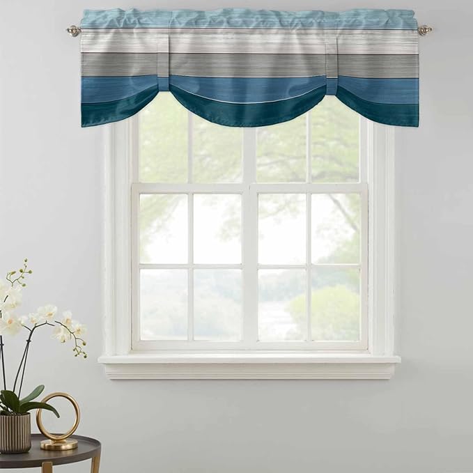 Blue Ombre Wooden Tie Up Valance Curtains for Windows, Kitchen Curtains Window Shades, Farmhouse Retro Wood Gradient Light Filtering Roman Curtain Valances for Bedroom/Bathroom/Cafe 60"x18"