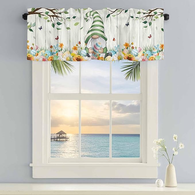 Easter Gnomes Curtain Valances for Windows, Kitchen Valance Window Treatment, Spring Watercolor Eggs Flower Wood Grain Light Filtering Block Curtains for Bathroom/Bedroom/Living Room 54'' x 18''