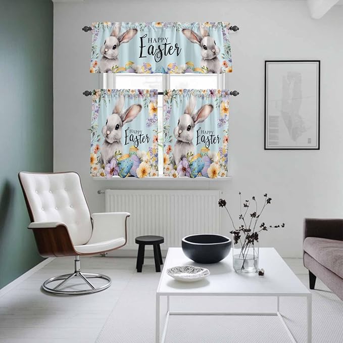 Happy Easter Kitchen Curtains Set 3 Piece for Windows,Rod Pocket Valance and Tier Set 24 Inch Length,Spring Grey Bunny Colorful Eggs Flower Blue Light Filtering Cafe Curtains for Living Room