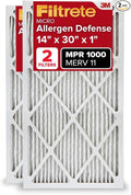 Filtrete 14x30x1 AC Furnace Air Filter, MERV 11, MPR 1000, Micro Allergen Defense, 3-Month Pleated 1-Inch Electrostatic Air Cleaning Filter, 2 Pack (Actual Size 13.81 x 29.81 x 0.81 in)