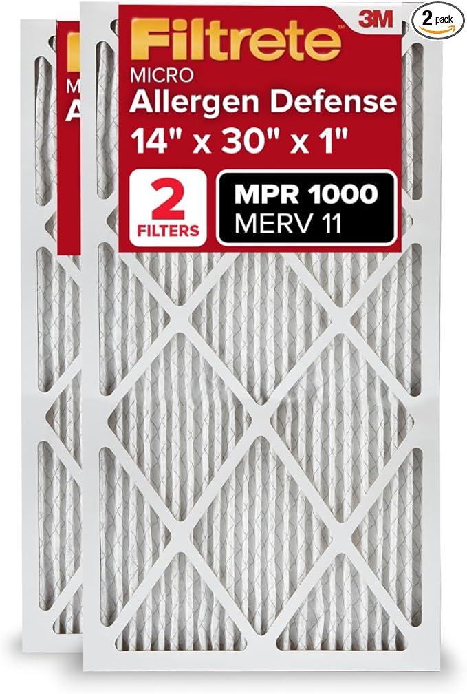 Filtrete 14x30x1 AC Furnace Air Filter, MERV 11, MPR 1000, Micro Allergen Defense, 3-Month Pleated 1-Inch Electrostatic Air Cleaning Filter, 2 Pack (Actual Size 13.81 x 29.81 x 0.81 in)
