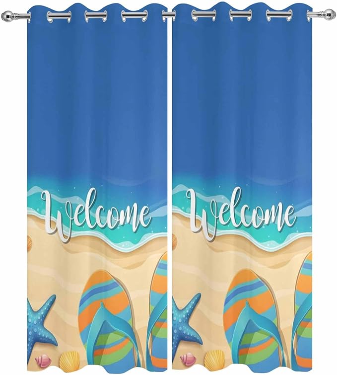 Summer Outdoor Curtains for Patio Beach Slippers Plumeria Waterproof Outside Curtains with Grommet Top Weatherproof Curtain for Cabana Pergola Gazebo, 2 Pack, 54" W x 108" L