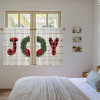 Christmas Wreaths Kitchen Curtains 45 Inch Long 2 Panel Set,Rod Pocket Window Treatment,Winter Bow Plaid Farmhouse Wooden Grain Light Filtering Short Curtains & Drapes for Bathroom Laundry 52"W x 45"L