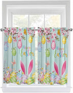 Happy Easter Tier Curtains 45 Inches Long, Spring Bunny Eggs Flower Teal Wood Grain Window Treatment Curtain Drapes, Window Half Privacy Curtains for Bedroom Bathroom, 42"x45", 2 Panels
