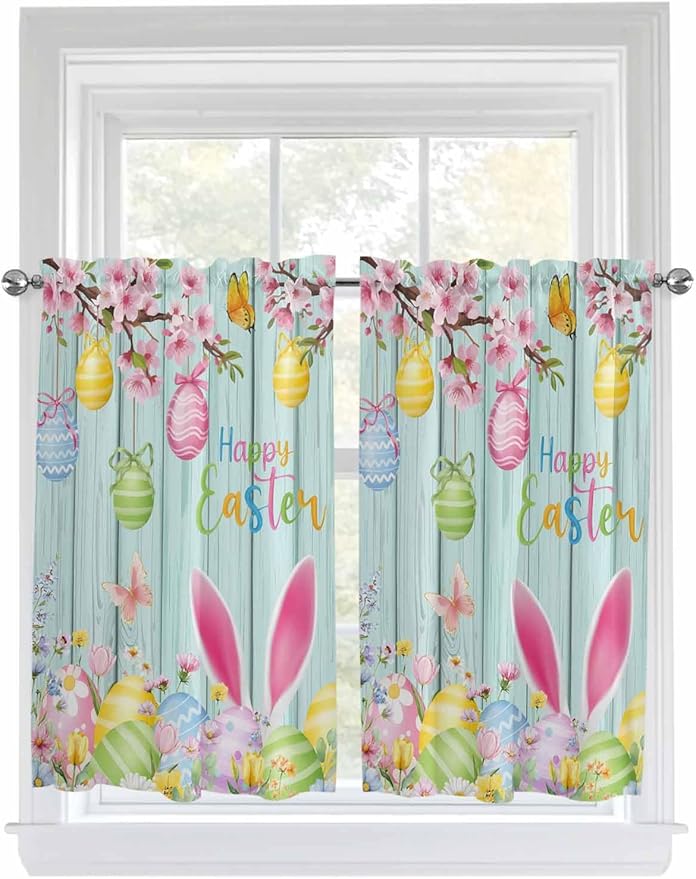 Happy Easter Tier Curtains 45 Inches Long, Spring Bunny Eggs Flower Teal Wood Grain Window Treatment Curtain Drapes, Small Curtain Drapes for Bathroom Laundry Room, 27.5"x45", 2 Panels