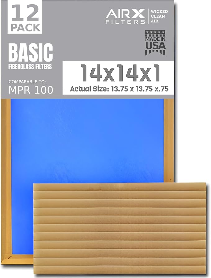 14x14x1 Air Filter Comparable to MPR 100 Basic Economy Furnace Filters, 12 Pack of Non Pleated Fiberglass Filter For Dust - Low Airflow Restriction! From AIRX FILTERS WICKED CLEAN AIR.