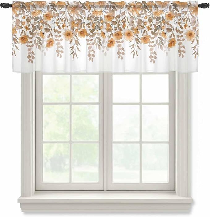 Spring Summer Flowers Sheer Valance Curtains, Vintage Watercolor Orange Floral Leaf Plant Light Filtering Kitchen Valances Rod Pocket Voile Curtain Treatment for Bedroom/Living Room/Basement 60Wx18L
