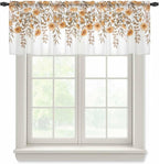 Spring Summer Flowers Sheer Valance Curtains, Vintage Watercolor Orange Floral Leaf Plant Light Filtering Kitchen Valances Rod Pocket Voile Curtain Treatment for Bedroom/Living Room/Basement 60Wx18L