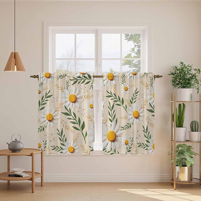 Spring Daisy Kitchen Curtains, Country Watercolor Flower Leaf Plant Light Filtering Window Curtain Panels, 2Pcs Rod Pocket Window Treatments Set for Study Room Bathroom Bedroom 52x54 Inches