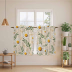 Spring Daisy Tier Curtains, Country Watercolor Flower Leaf Plant Light Filtering Kitchen Curtains, 2Pcs Rod Pocket Half Window Treatments Panels for Sink Cafe Cabinet Basement 27.5x45 Inches