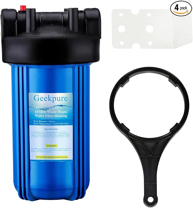 Geekpure 10-Inch Whole House Water Filter Housing 4.5"x10"1-Inch Outlet/Inlet with Wrench and Bracket-Blue Color-Pack of 4