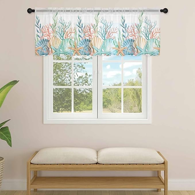 Summer Beach Sheer Valance Curtains, Ocean Colorful Coral Shell Seaweed Starfish Light Filtering Kitchen Valances Rod Pocket Voile Curtain Window Treatment for Bedroom/Living Room/Basement 60Wx18L