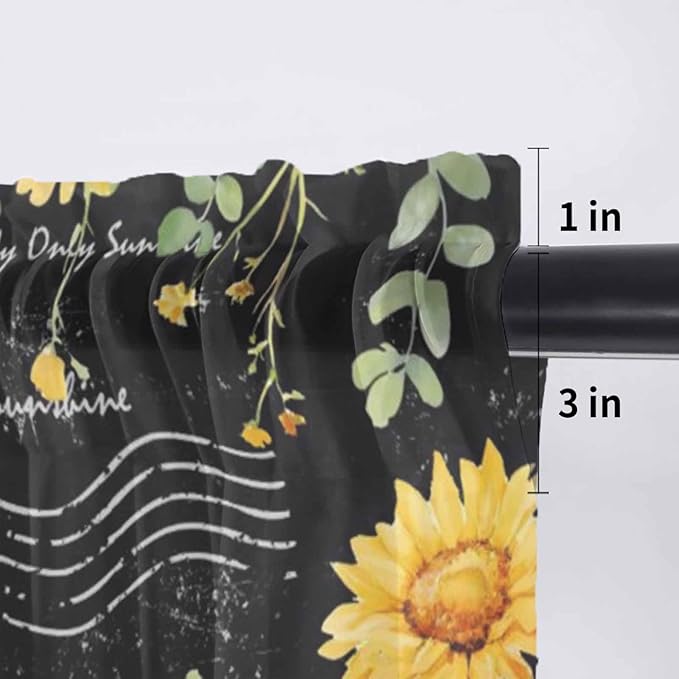 Summer Floral Sheer Valance Curtains, Watercolor Sunflower Eucalyptus Leaves Letter Print Light Filtering Kitchen Valances Rod Pocket Voile Curtain Treatment for Bedroom/Living Room/Basement 54Wx18L