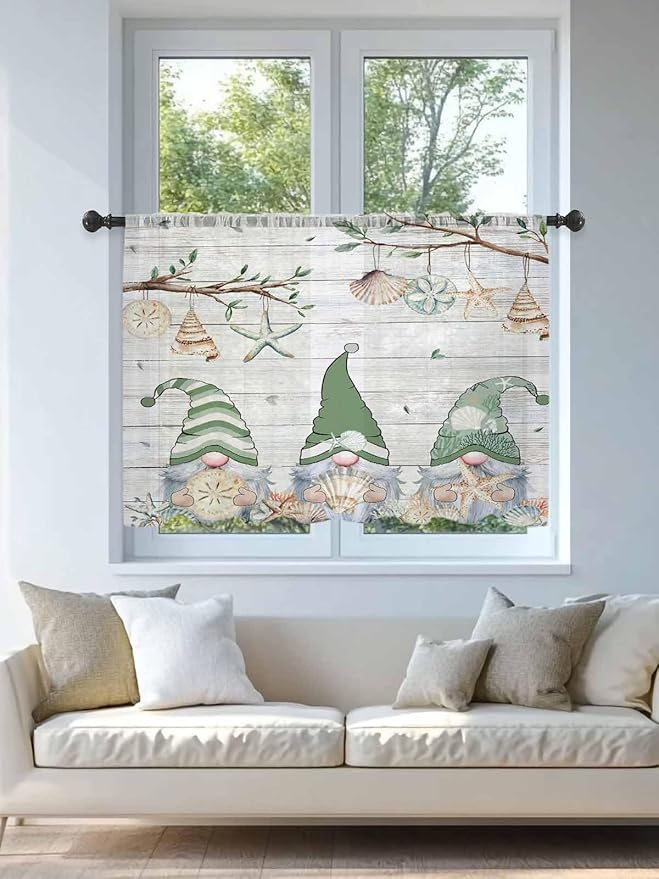 Sheer Curtains 45 Inch Length, Sage Green Gnomes Semi Sheer Curtains Light Filtering Window Treatment, Eucalypus Coastal Anchor Retro Wood Privacy Voile Drapes for Living Room Bedroom 52x45 Inch