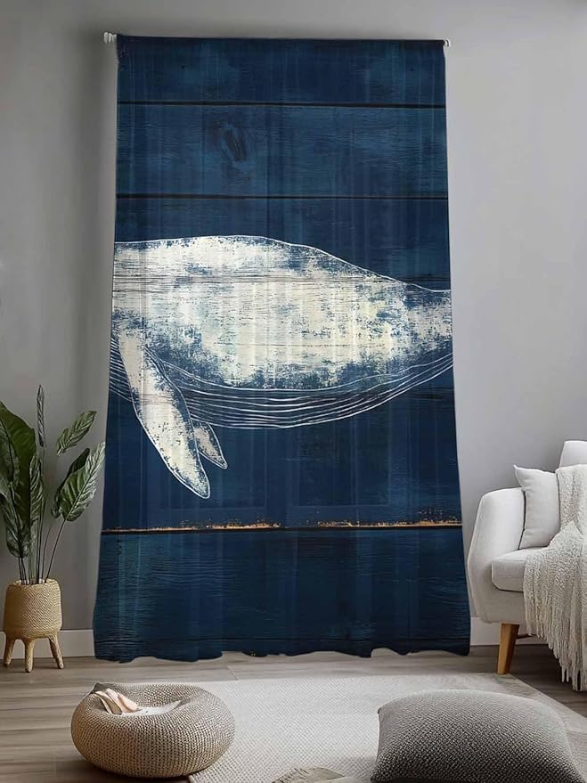 Sheer Curtains 96 Inches Long, Summer Whale Semi Sheer Curtains Light Filtering Window Treatment, Ocean Watercolor Wooden Grain Blue Privacy Voile Drapes for Living Room Bedroom 52x96 Inch