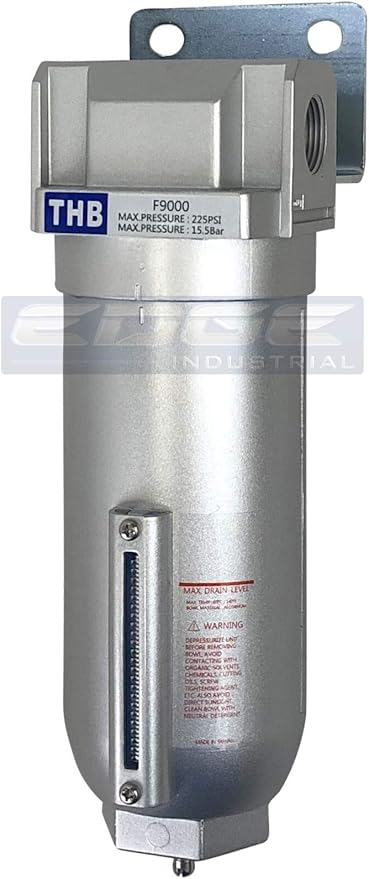 HEAVY DUTY INDUSTRIAL RATED HIGH FLOW PARTICULATE FILTER, IN-LINE WATER TRAP FOR COMPRESSED AIR LINE SYSTEMS, 5 MICRON WITH METAL BOWL (1" NPT, 11oz)