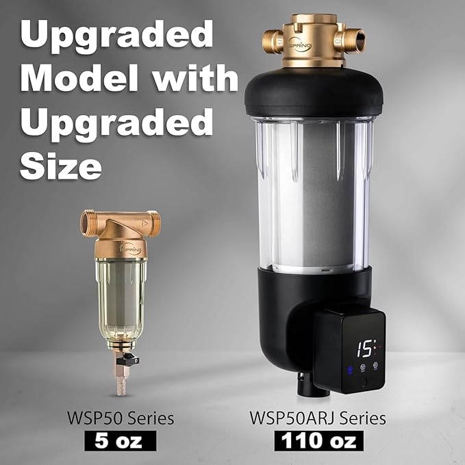 iSpring WSP50ARJ, NSF Certified, Spin-Down Sediment Water Filter, Upgraded Jumbo Size, Large Capacity, Reusable with Touch-Screen Auto Flushing Module, Brass Top Clear Housing, 50 Microns