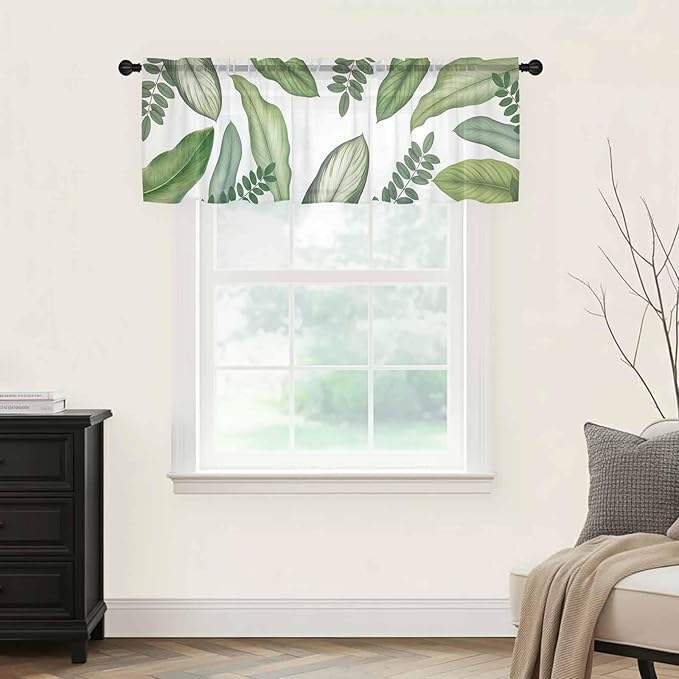 Summer Palm Leaf Sheer Valance Curtains, Green Tropical Plants Nature Leaves Modern Light Filtering Kitchen Valances Rod Pocket Voile Curtain Window Treatment for Bedroom/Living Room/Basement 54Wx18L