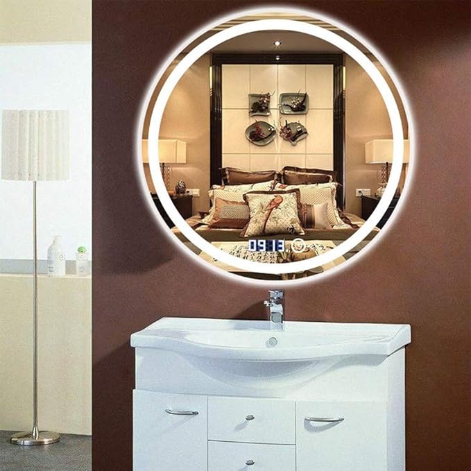 Round Waterproof LED Bathroom Wall Makeup Mirrors with White Light Sensor Touch Control and Demister Pad (Color : with Frame Size : 70cm) (Without Frame 60cm)