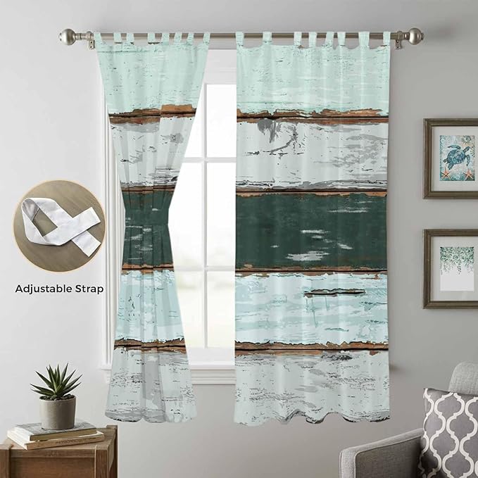 Blue Teal Living Room Curtains 96 Inch Length, Window Curtains Tab Top, Vintage Wooden Retro Art Farmhouse Barns Light Filtering Window Treatments Drapes 52"x96" 2 Panel