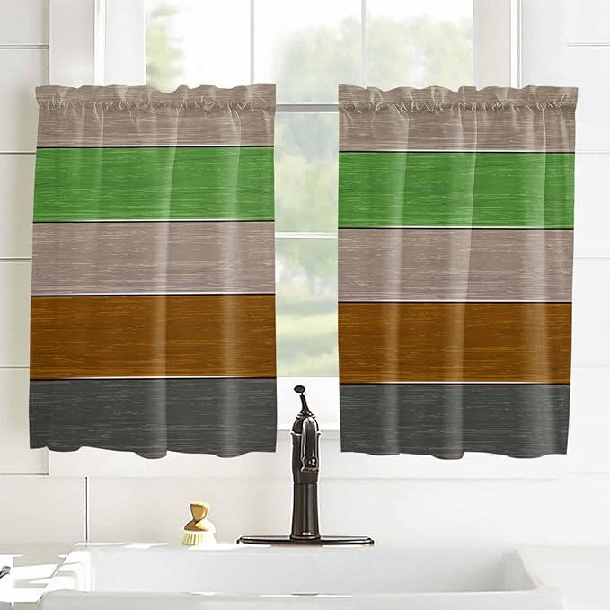 Farm Gray Green Brown Wood Grain Window Valance Curtains, Rustic Wooden Plank Light Filtering Kitchen Valance with 3-inch Rod Pocket for Living Room Bathroom Bedroom,2 Panel,42x45In