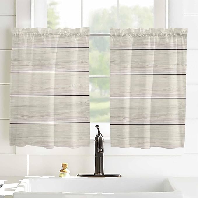 Vintage Country Wooden Board Window Valance Curtains, Gradient Wood Grain Line Light Filtering Kitchen Valance with 3-inch Rod Pocket for Living Room Bathroom Bedroom,2 Panel,42x54In