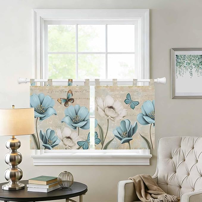Spring Flowers Kitchen Curtains 24 Inch Length, Small Window Curtains Tab Top, Vintage Rustic Tulips Floral Butterfly Khaki Light Filtering Short Window Treatments Tier Drapes 27.5"x24" 2 Panel