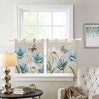 Spring Flowers Kitchen Curtains 36 Inch Length, Small Window Curtains Tab Top, Vintage Rustic Tulips Floral Butterfly Khaki Light Filtering Short Window Treatments Tier Drapes 27.5"x36" 2 Panel