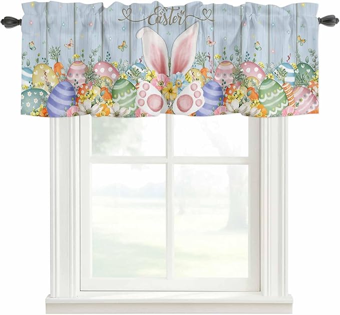 Easter Curtain Valances for Windows, Kitchen Valance Window Treatment, Spring Eggs Rabbit Ear Flowers Wooden Grain Light Filtering Block Curtains for Bathroom/Bedroom/Living Room 54'' x 18''