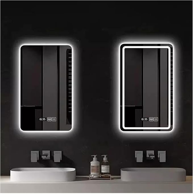 Bathroom Mirror with LED Lights, Backlit Illuminated Bathroom Mirror Wall Mounted Multifunction Vanity Mirror with 3 LED Light Color Dimmable and Demister Pad,(B,H70*W90CM/H27.5*W35.4IN)