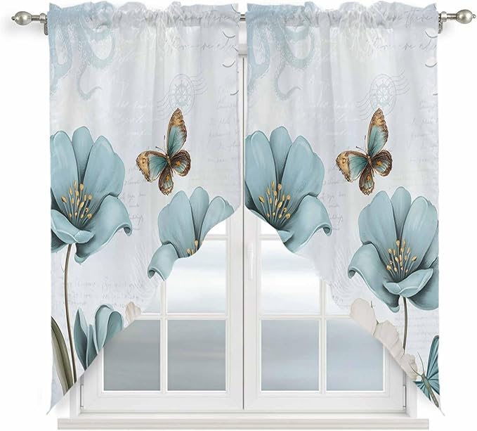 Blue Tulips Swag Valances for Windows, Watercolor Flowers Butterfly Spring Farmhouse Blue Rod Pocket Kitchen Curtains Valance, Small Window Curtains Swag for Cafe Living Room, 2 Panels, 28x36 inch