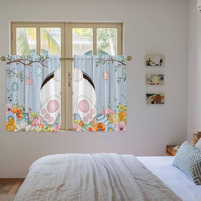 Easter Kitchen Curtains 54 Inch Long 2 Panel Set,Rod Pocket Window Curtains Panels,Spring Watercolor Bunny Eggs Flower Wood Grain Blue Light Filtering Privacy Draperies for Bedroom Laundry 42"W x 54"L