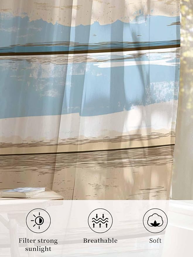Sheer Curtains 84 Inches Long, Vintage Geometric Blue Semi Sheer Curtains Light Filtering Window Treatment, Abstract Country Shabby Wood Grain Privacy Voile Drapes for Living Room Bedroom 52x84 Inch
