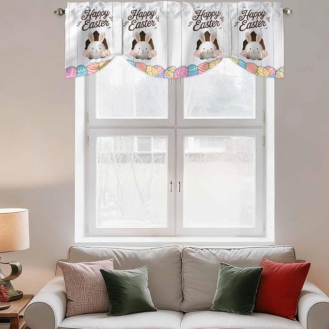Grey Easter Tie Up Valance Curtains for Windows, Kitchen Curtains Window Shades, Spring Cartoon Bunny Colorful Eggs Wood Grain Light Filtering Roman Curtain Valances for Bedroom/Bathroom/Cafe 60"x18"