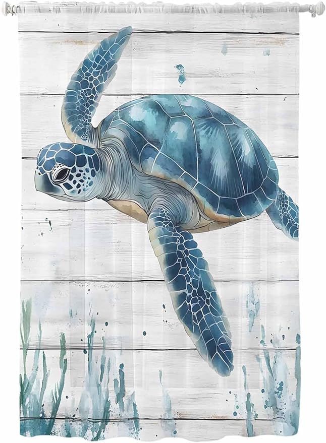 Sheer Curtains 63 Inch Length, Teal Green Ocean Turtle Semi Sheer Curtains Light Filtering Window Treatment, Coastal Seaweed Wood Grain Privacy Voile Drapes for Living Room Bedroom 52x63 Inch