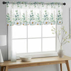 Eucalyptus Leaves Daisy Sheer Valance Curtains, Summer Farmhouses Flower Light Filtering Kitchen Valances Rod Pocket Voile Curtain Window Treatment for Bedroom/Living Room/Basement 54Wx18L