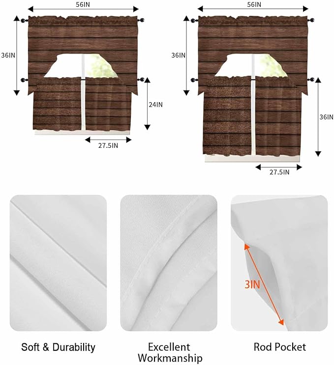 Brown Wooden Board Swag Kitchen Curtains Valance and Tier Set, Vintage Wood Grain Farmhouse Barn Themes Light-Filtering Swag Valance 24 Inch Length, Rod Pocket Short Curtain for Bedroom Cafe