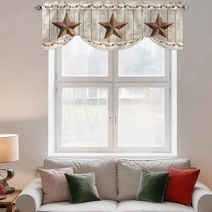 Western Texas Star Retro Tie Up Valance Curtains for Windows, Kitchen Curtains Window Shades, Country Farmhouse Gray Wood Grain Light Filtering Roman Curtain Valances for Bedroom/Bathroom/Cafe 60"x18"