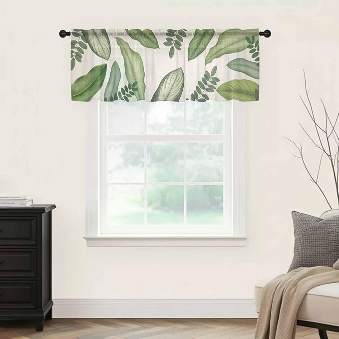 Summer Palm Leaf Sheer Valance Curtains, Green Tropical Plants Nature Leaves Linen Light Filtering Kitchen Valances Rod Pocket Voile Curtain Window Treatment for Bedroom/Living Room/Basement 42Wx12L