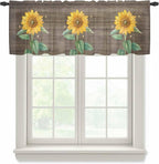 Summer Sunflower Sheer Valance Curtains, Yellow Floral Plants Bees Brown Wood Grain Light Filtering Kitchen Valances Rod Pocket Voile Curtain Window Treatment for Bedroom/Living Room/Basement 42Wx12L